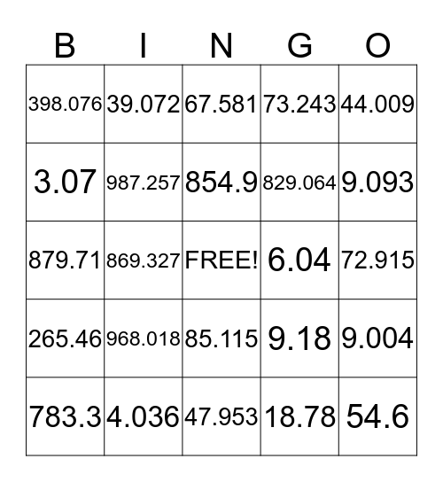 Place Value Bingo Card