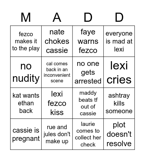 Euphoria S2 Finale Bingo Card