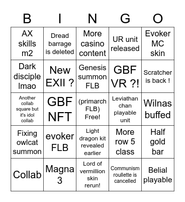 GBF ANNIVERSARY 2022 Bingo Card