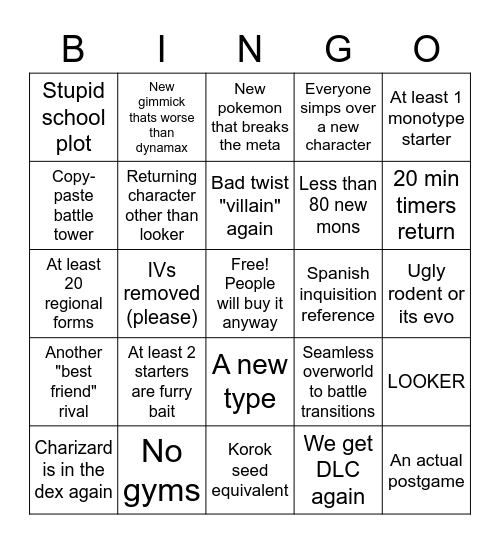 Gen 9 bingo Card