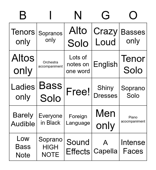 Choral Bingo Card