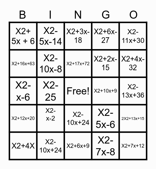 Matho Bingo Card