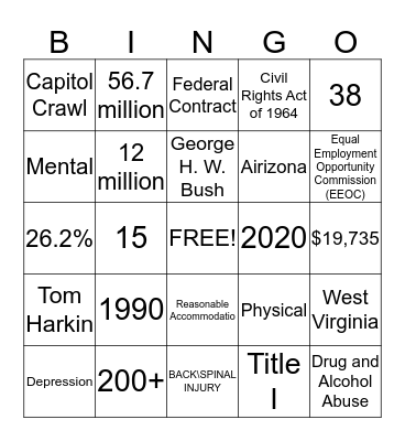 ADA 25th Annirversary  Bingo Card