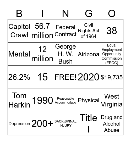 ADA 25th Annirversary  Bingo Card