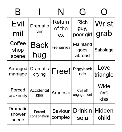 Kdrama cliches Bingo Card