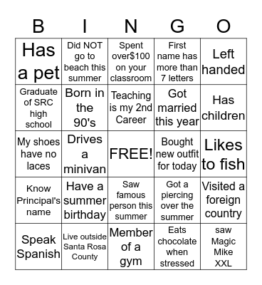 New Teacher Orientation Bingo Card