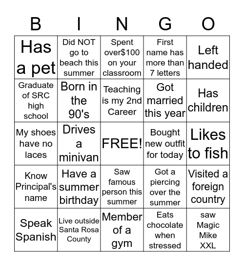 New Teacher Orientation Bingo Card