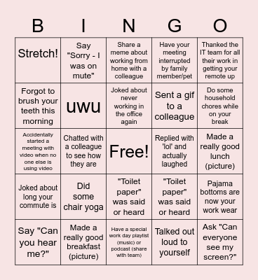 Remote Work Bingo Card