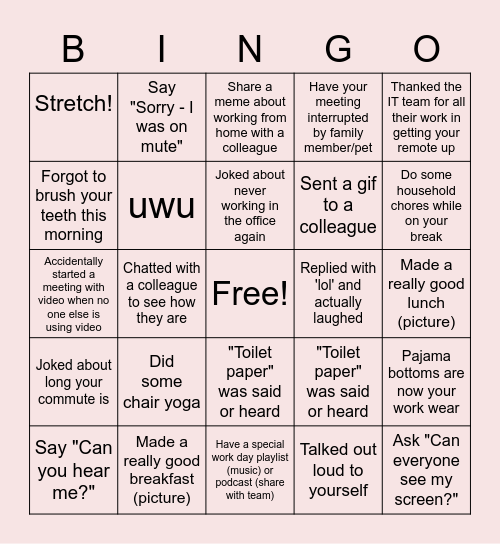 Remote Work Bingo Card