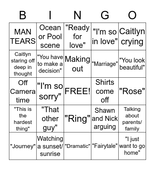 Bachelorette BINGO Card