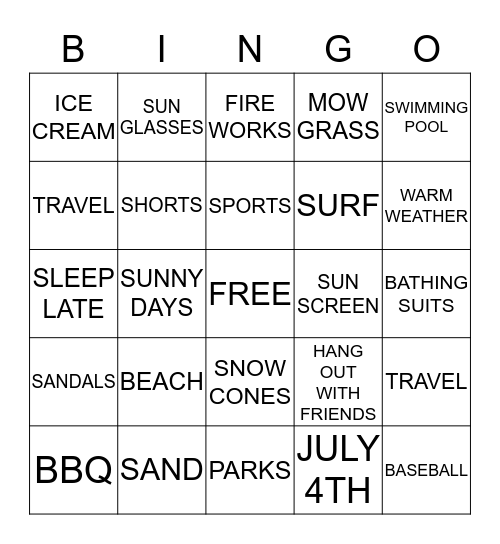 Summer Fun Bingo Card