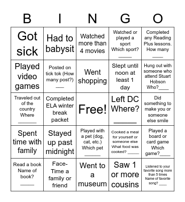 After Winter Break Bingo Card