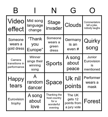 Eurovision Bingo Card