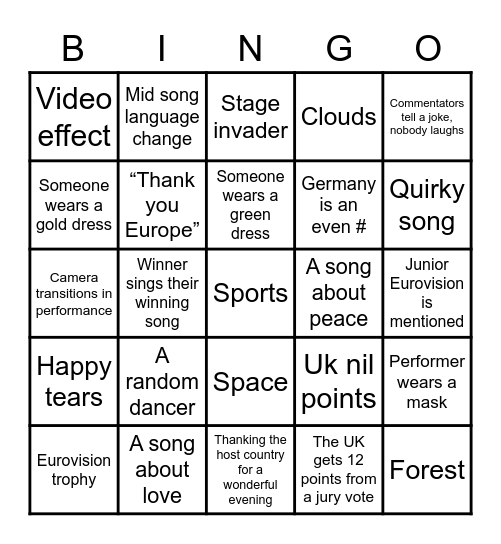 Eurovision Bingo Card