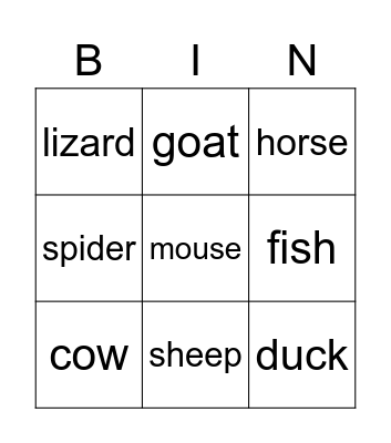 Farm animals Bingo Card