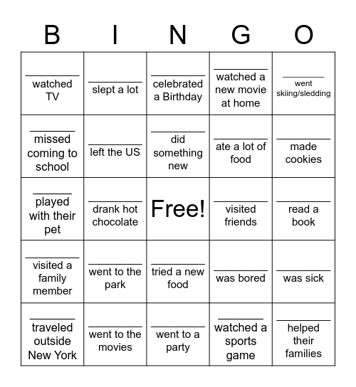 What did you do over February break? Bingo Card