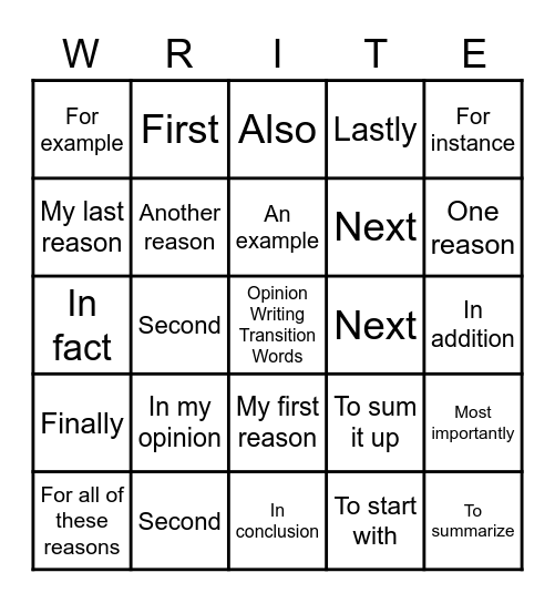 Opinion Writing Bingo Card