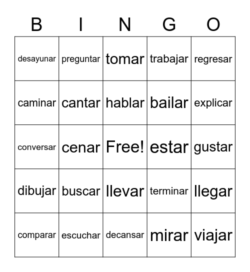 ar verbs Bingo Card