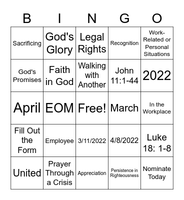 March/April Employee of the Month Bingo Card