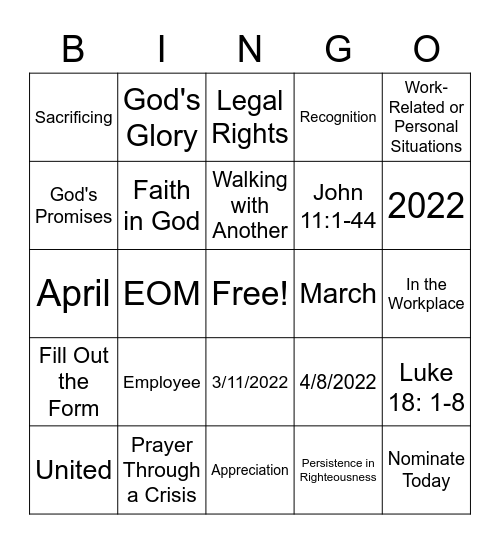 March/April Employee of the Month Bingo Card