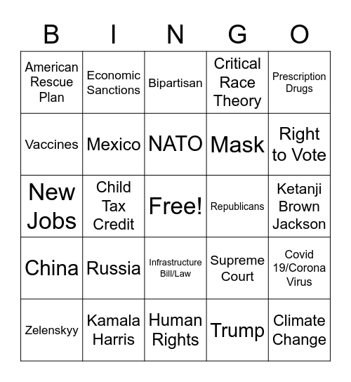 State of the Union 2020 Bingo Card