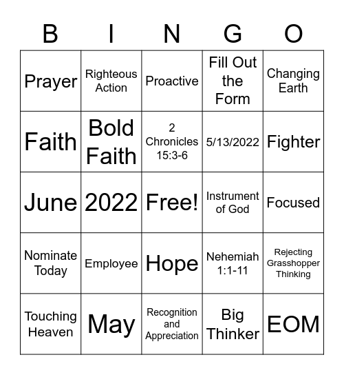 May/June Employee of the Month Bingo Card