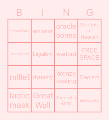 Ancient China Bing Board Bingo Card