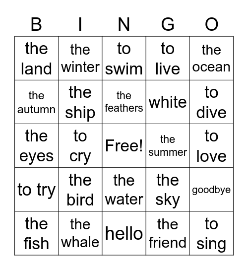 bird and whale Bingo Card