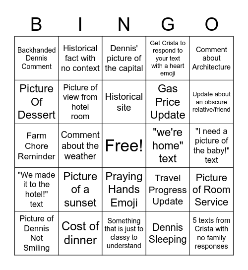 Crista's Vacation Bingo! Bingo Card