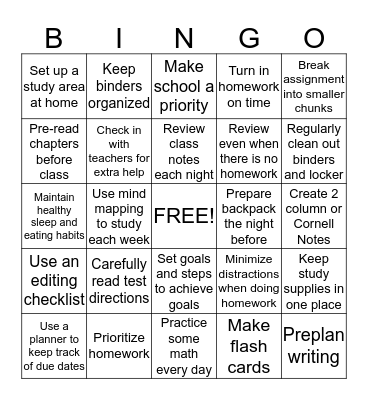 Study Skills Bingo Card