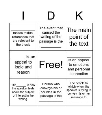 Rhetorical Analysis Bingo Card
