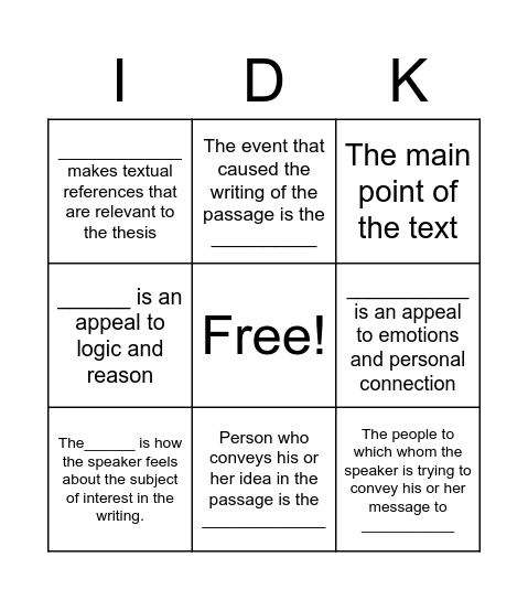 Rhetorical Analysis Bingo Card