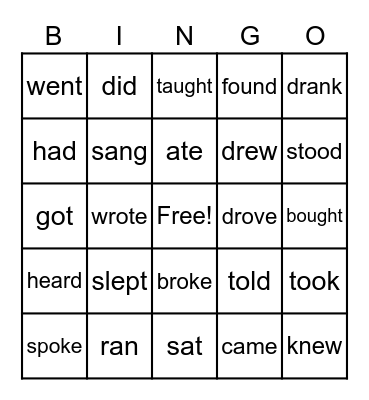Simple Past Verbs Bingo Card