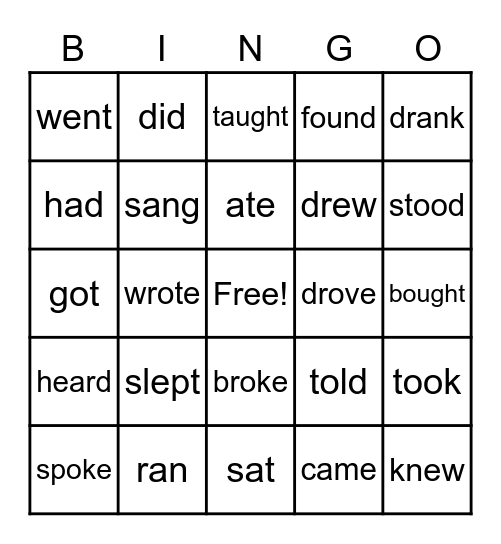 Simple Past Verbs Bingo Card