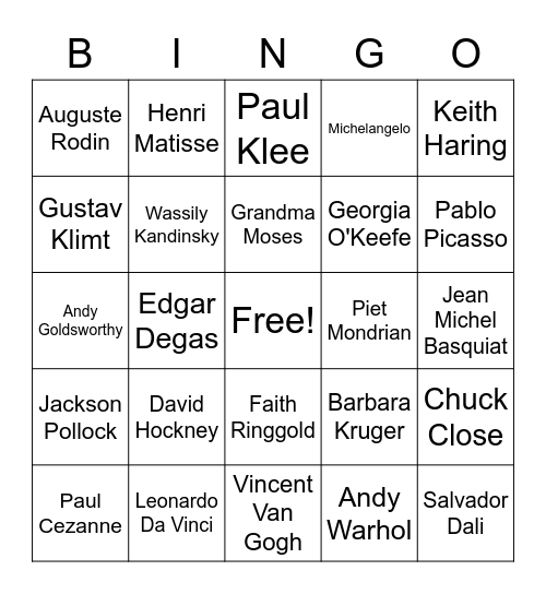 Famous Artist Bingo Card