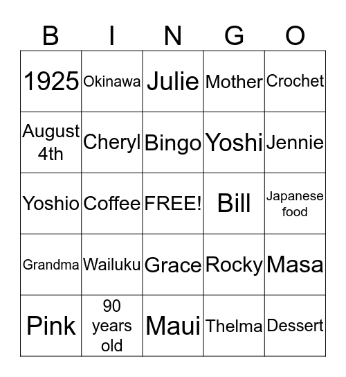 THELMA'S 90th BIRTHDAY Bingo Card
