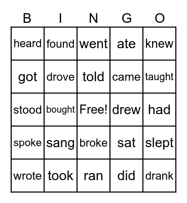 Simple Past Verbs Bingo Card