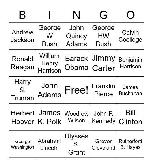 Presidents Bingo! Bingo Card