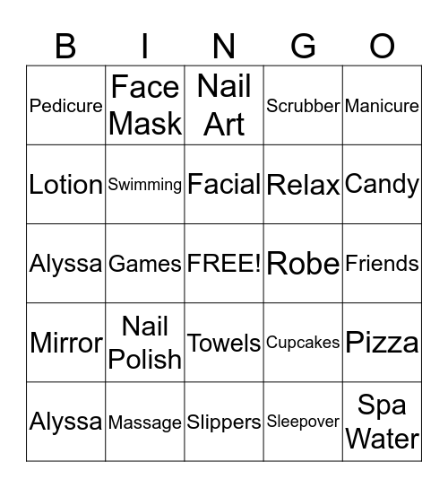 Spa Party Bingo Card
