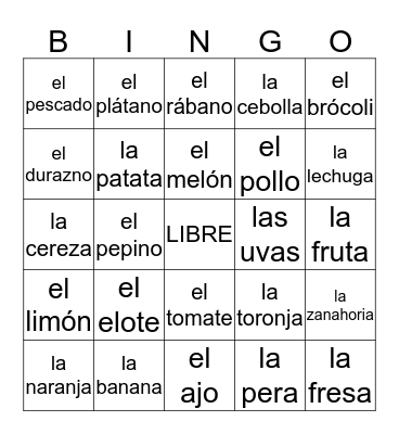 Verduras o Frutas?  Bingo Card