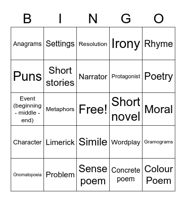 4th Literature - Contents Bingo Card