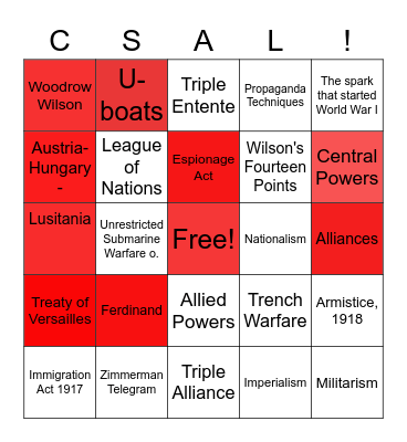 WORLD WAR I Bingo Card