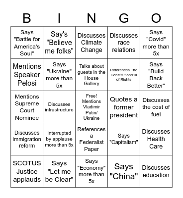 2022 State of the Union Bingo Card