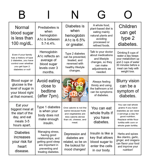 Diabetes Bingo Card