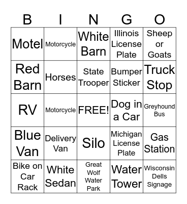 Weidner Bus Trip Bingo Card