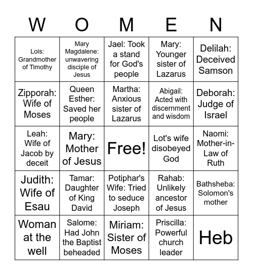 Center Hill Women's Ministry Bingo Card