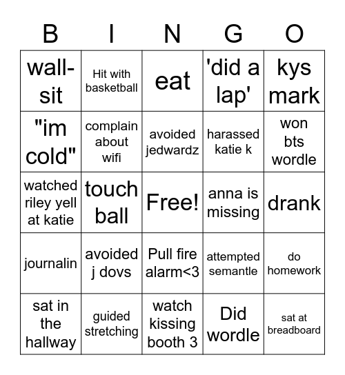 Gym Class Bingo Card