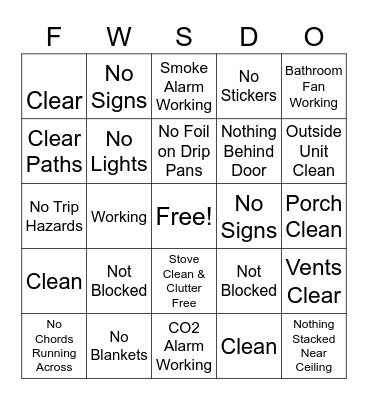 Housing Checklist Bingo Card