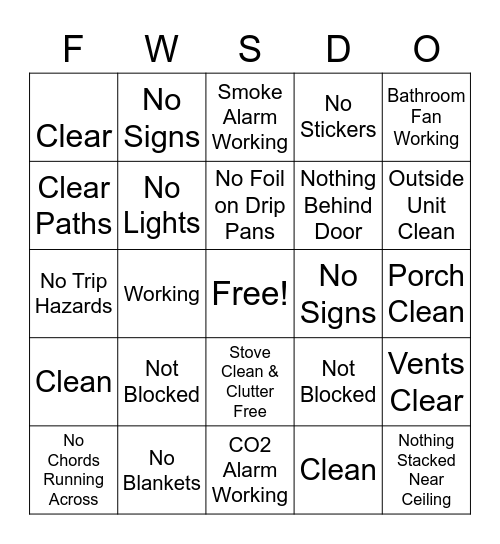 Housing Checklist Bingo Card