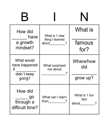 Celebrity Growth Mindset Bingo Card